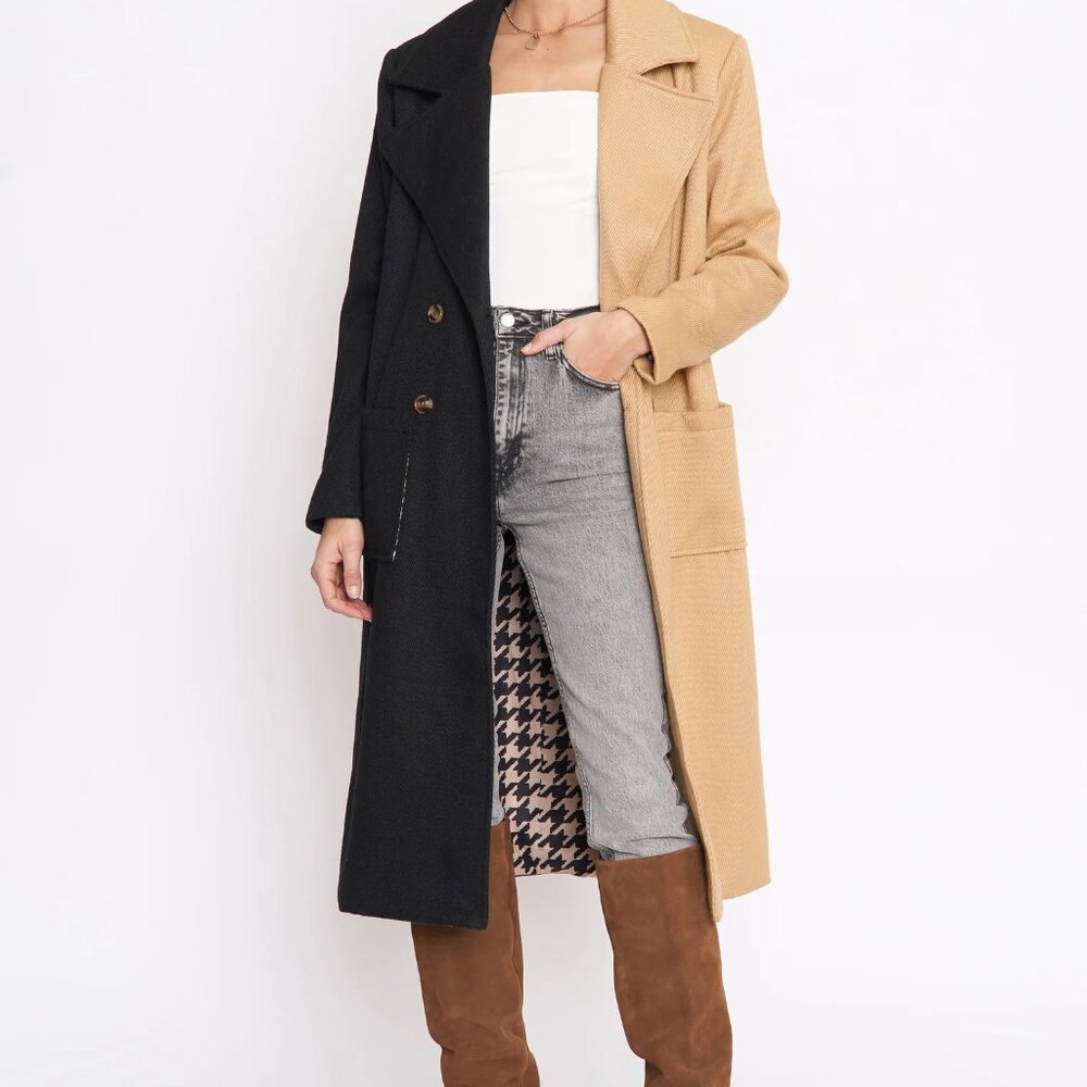 4SI3NNA Perry Unique Two-Tone Wool Blend Longline Coat Black Tan Large